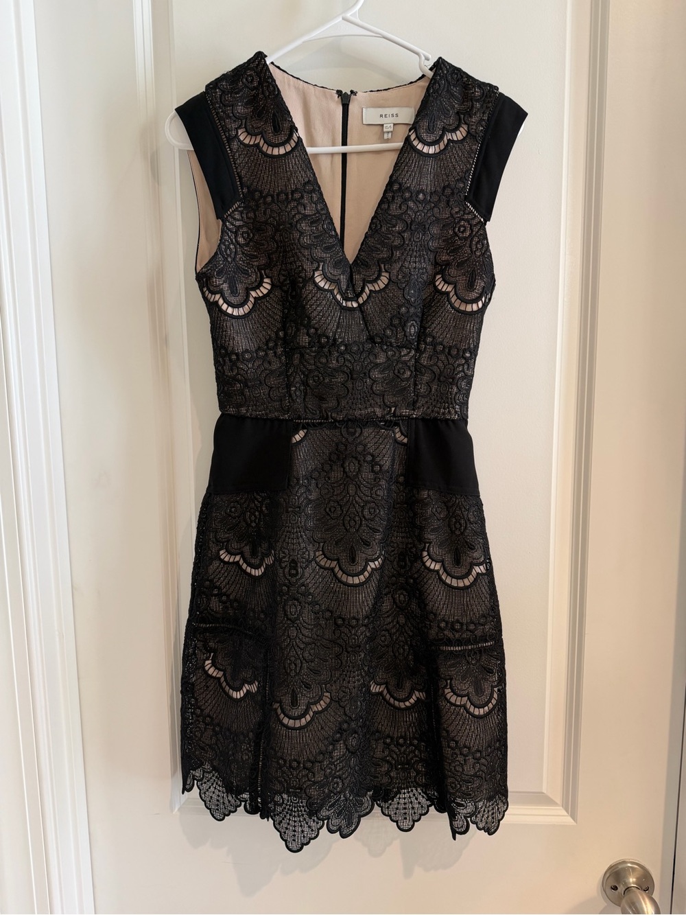 Reiss Black Lace Mini Dress with Nude Underlay